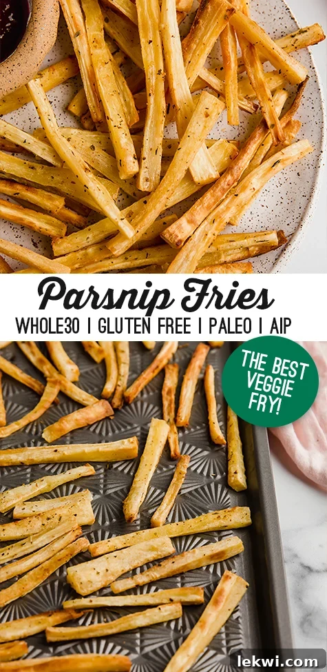 Stacked collage of Parsnip fries on a plate with a dip on the side and fries on a sheet pan.