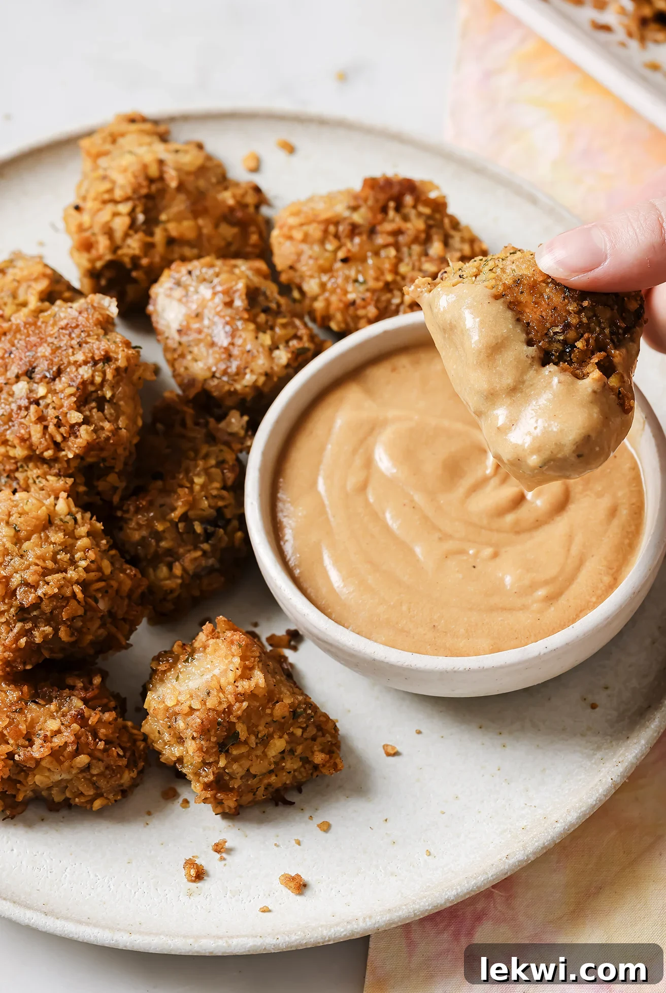 Golden-brown, crispy chicken nuggets dipped in a vibrant sauce, promising deliciousness.