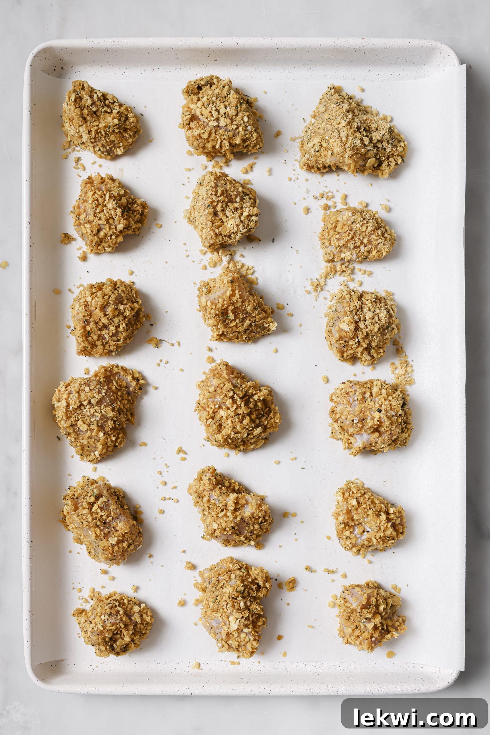 A baking sheet lined with parchment paper, holding rows of perfectly coated, unbaked chicken nuggets, ready for the oven.