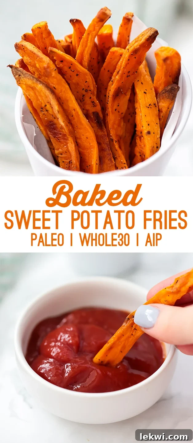 A vibrant Pinterest graphic displaying baked sweet potato fries in a white cup, with text overlay: 'Baked Sweet Potato Fries, Paleo, Whole30, AIP'.