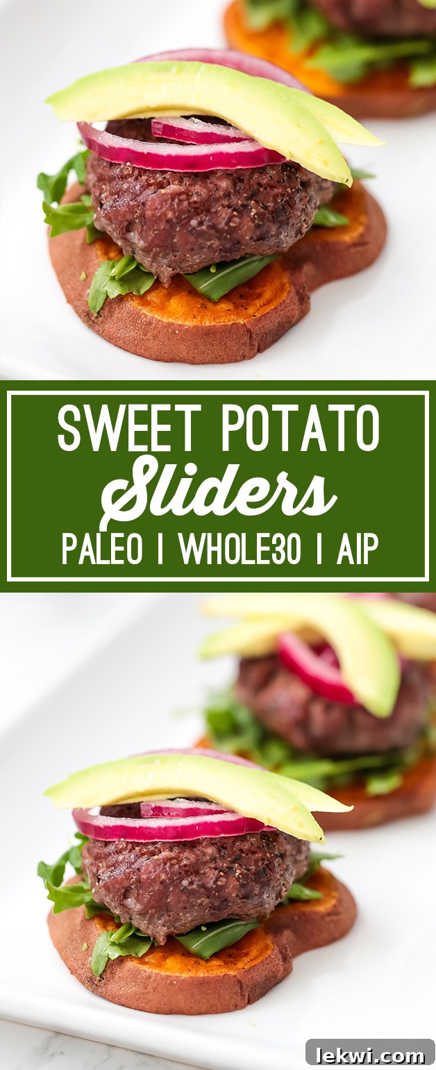 A white plate with a beef slider on a roasted sweet potato bun topped with onion and avocado, next to roasted sweet potato fries and arugula, with text reading "sweet potato sliders Paleo Whole30 AIP". This image highlights the healthy and delicious aspects of the meal.