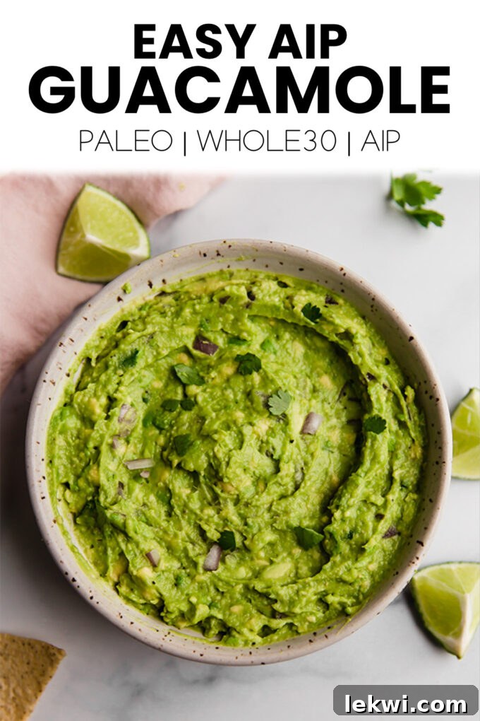 Image with text "Easy AIP Guacamole Paleo | Whole30 | AIP." alongside a bowl of guacamole.