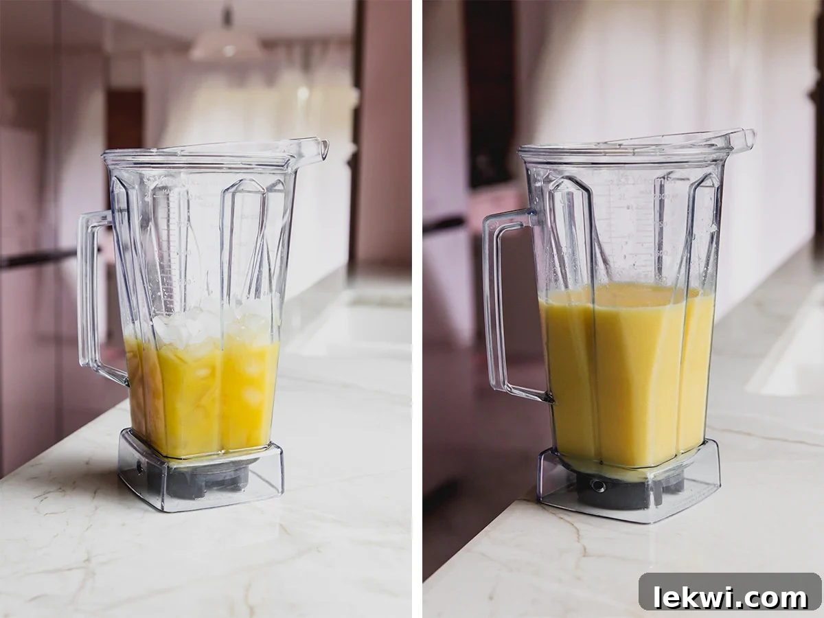 Mango mocktail ingredients in a blender, ready to be blended.