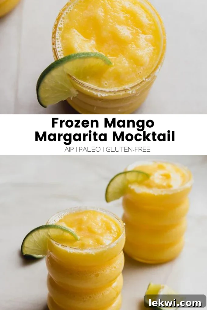 Collage with text "Frozen Mango Margarita Mocktail AIP | Paleo | Gluten-Free."