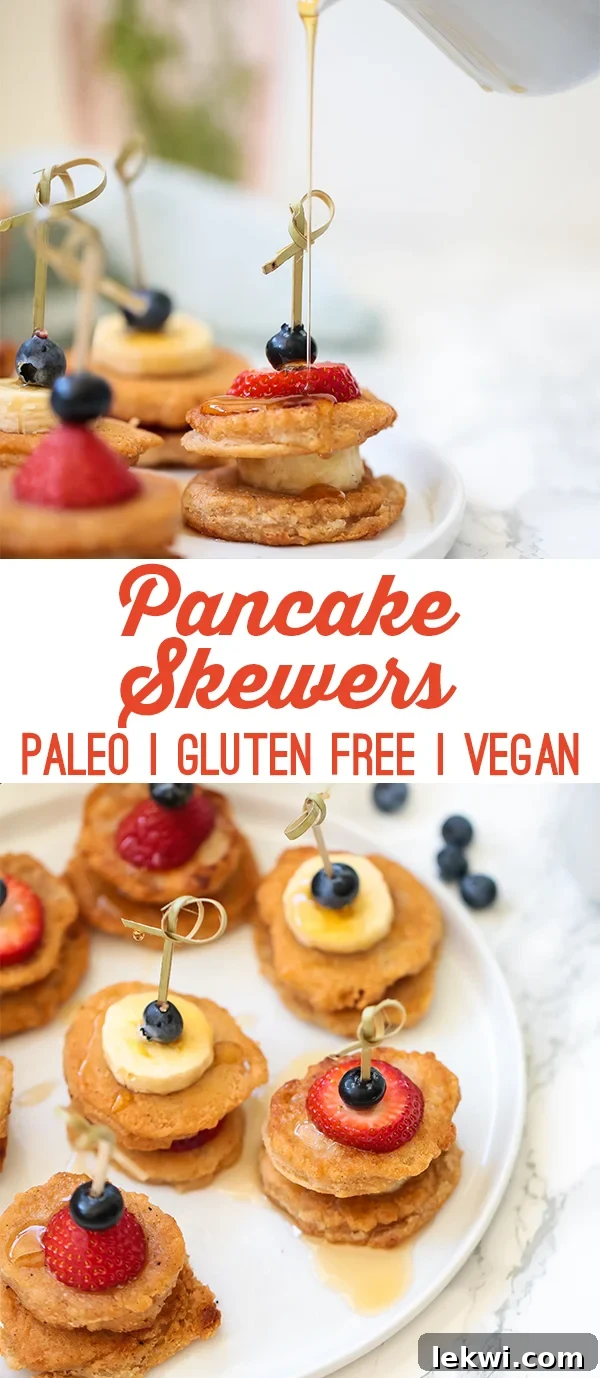 A white plate with mini pancakes on skewers with fresh fruit and text that reads "pancake skewers paleo gluten free vegan" next to it.