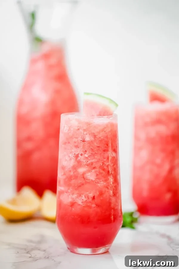Two glasses with watermelon mocktails in them and fresh watermelon slices on top.