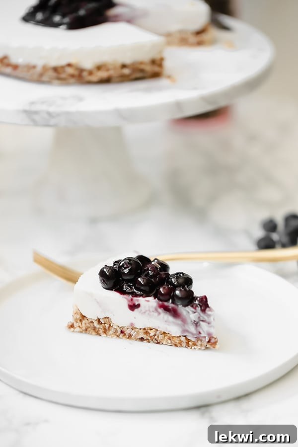 A side view of a generous slice of blueberry lavender cheesecake, showcasing the no-bake crust, creamy filling, and a generous topping of fresh blueberries.