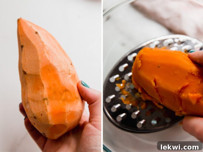 Peeled and grated sweet potato, ready for mixing.