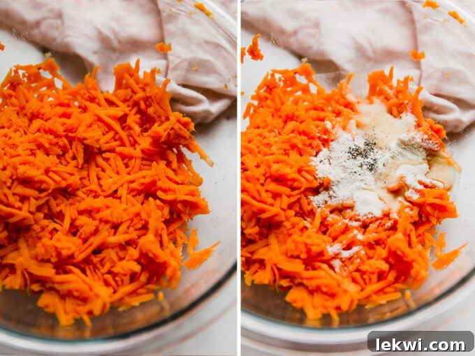 A side-by-side photo showing shredded sweet potato in one bowl and the same sweet potato mixed with flour and seasonings in another bowl.