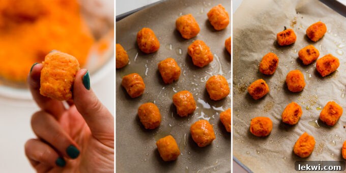 Side-by-side photos showing sweet potato tots being formed by hand and then baking on a parchment-lined baking sheet.