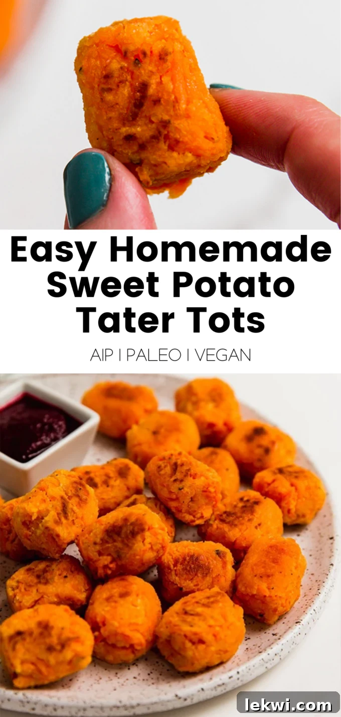 Collage with text "Easy Homemade Sweet Potato Tater Tots AIP | Paleo | Vegan."