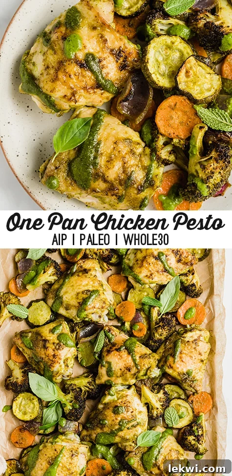 Collage with text "One Pan Chicken Pesto AIP | Paleo | Whole30."