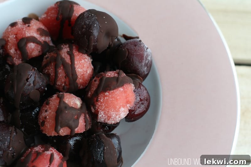Frozen Chocolate Fruit Salad with a close-up on the carob sauce