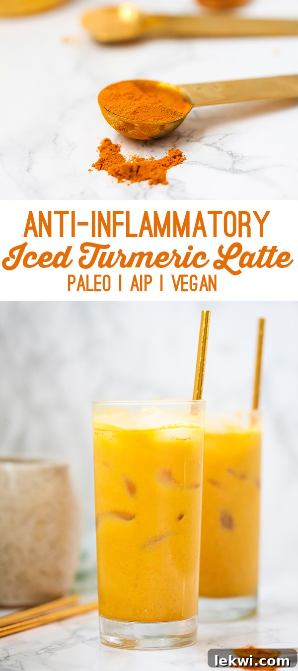 A beautifully composed flat lay image showcasing two glasses of Iced Golden Milk Turmeric Latte, fresh turmeric root, cinnamon sticks, and star anise, emphasizing the natural ingredients.