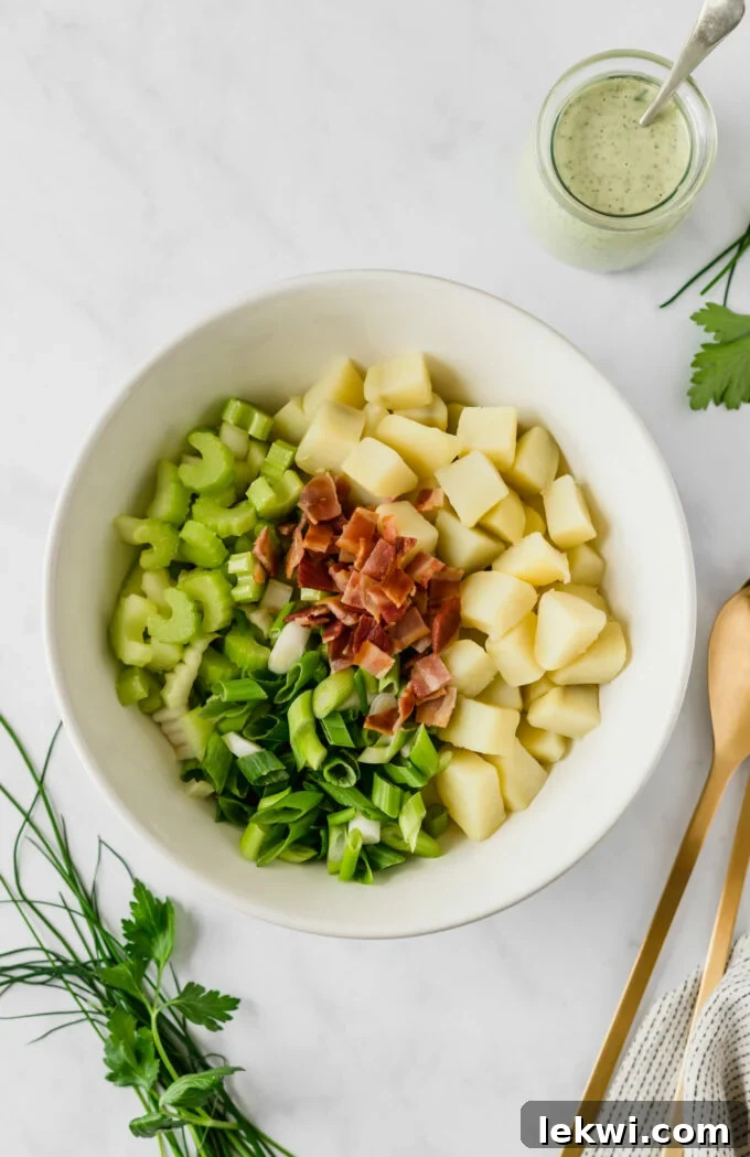 All the ingredients for bacon ranch sweet potato salad before mixing it.