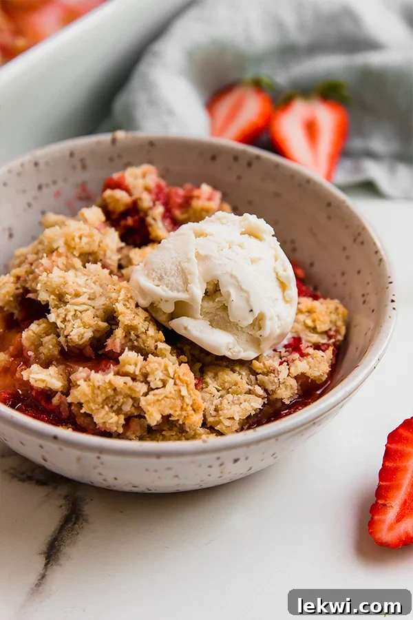 A beautiful bowl of homemade strawberry rhubarb crisp, generously topped with a scoop of creamy dairy-free vanilla ice cream, creating a delightful contrast of warm and cold.