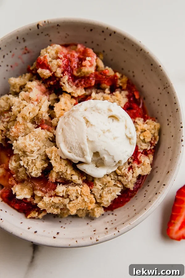 A beautiful close-up of a serving of warm strawberry rhubarb crisp with a melting scoop of dairy-free vanilla ice cream on top.