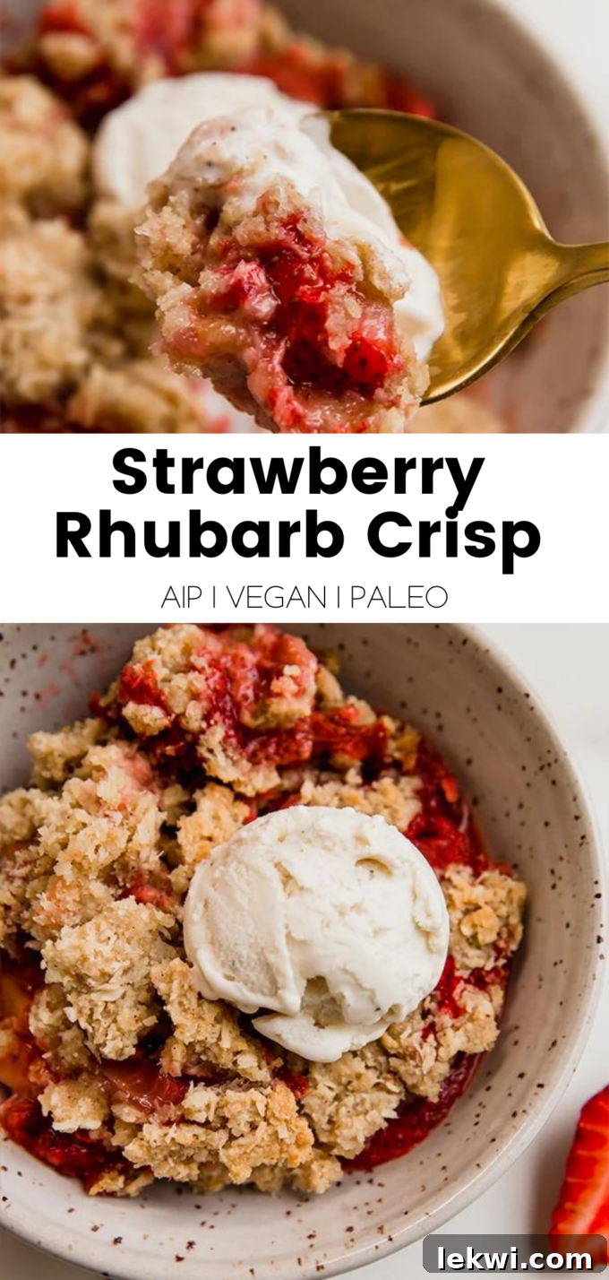 A beautifully designed collage image displaying a steaming bowl of strawberry rhubarb crisp with ice cream, overlaid with text promoting its qualities: "Strawberry Rhubarb Crisp AIP | Vegan | Paleo. Healthier Summer Dessert. Grain-Free Goodness."