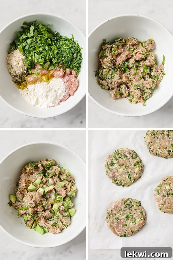A collage demonstrating the process of making Spinach Avocado Chicken Burgers, showing the mixing of ingredients in a bowl and the careful forming of patties by hand.