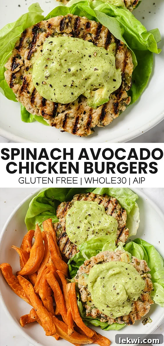 Pin-worthy image collage with text "Spinach Avocado Chicken Burgers Gluten-Free | Whole30 | AIP." highlighting dietary benefits.