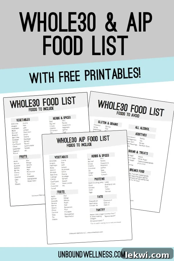 Printable lists showcasing Whole30 and AIP Whole30 approved foods for easy reference during your dietary reset.
