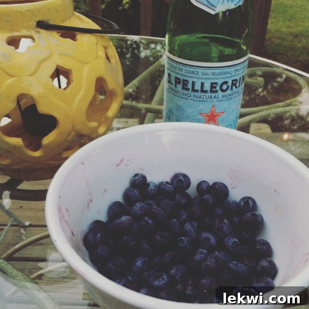 A close-up shot of a glass of Pellegrino with fresh blueberries, resting on a table during the house concert, signifying light refreshments.