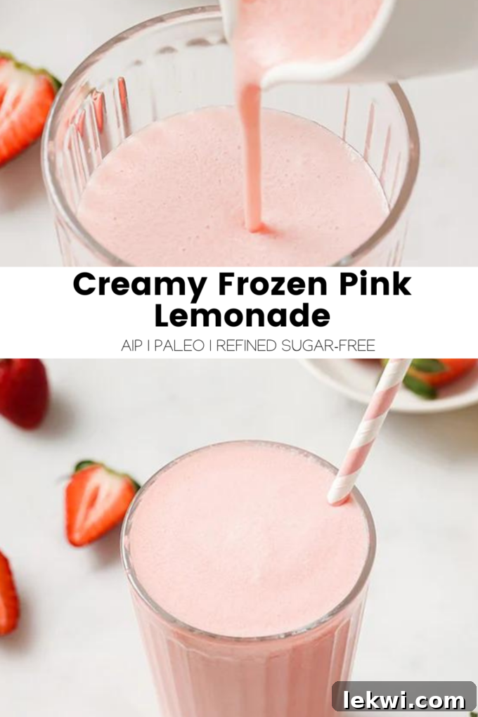 Collage with text "Creamy Frozen Pink Lemonade AIP | Paleo | Refined Sugar-Free."