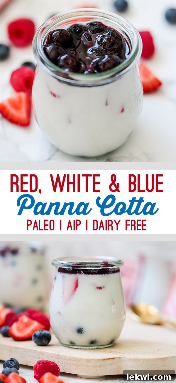 Red White & Blue Berry Panna Cotta (Paleo, AIP, Dairy Free) on a wooden table, garnished with fresh berries and a small American flag for a patriotic touch.