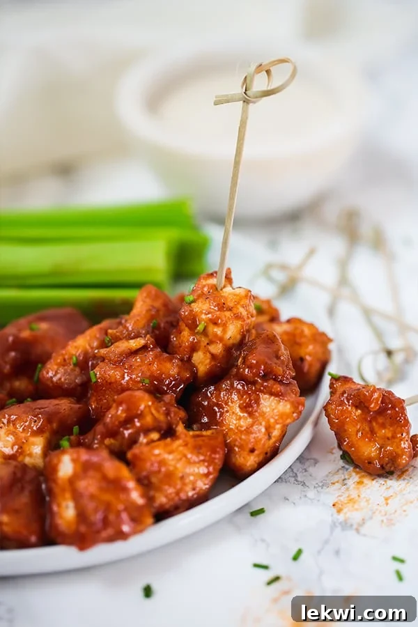 Close-up of golden-brown BBQ Chicken Poppers garnished with fresh herbs on a white plate