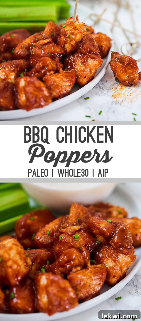 Pinterest graphic for BBQ Chicken Poppers (Paleo, Whole30, AIP) with hashtags for easy dinner, whole30, paleo, aip, fourthofjuly, summerrecipes, fathersday