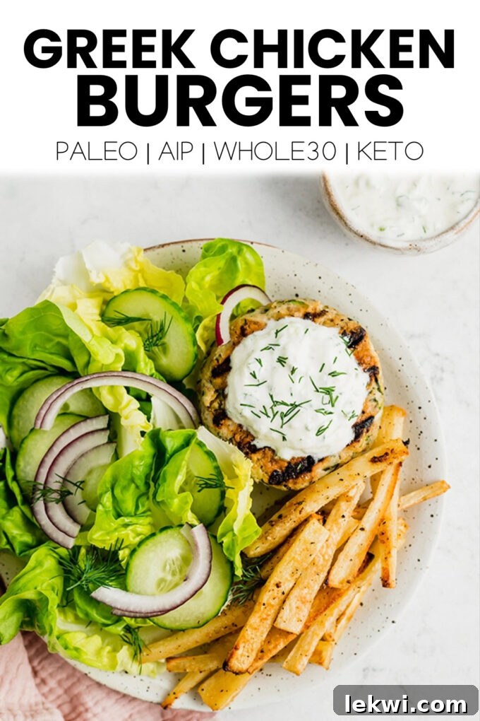 Plate of food with text \"Greek Chicken Burgers Paleo | AIP | Whole30 | Keto.\"