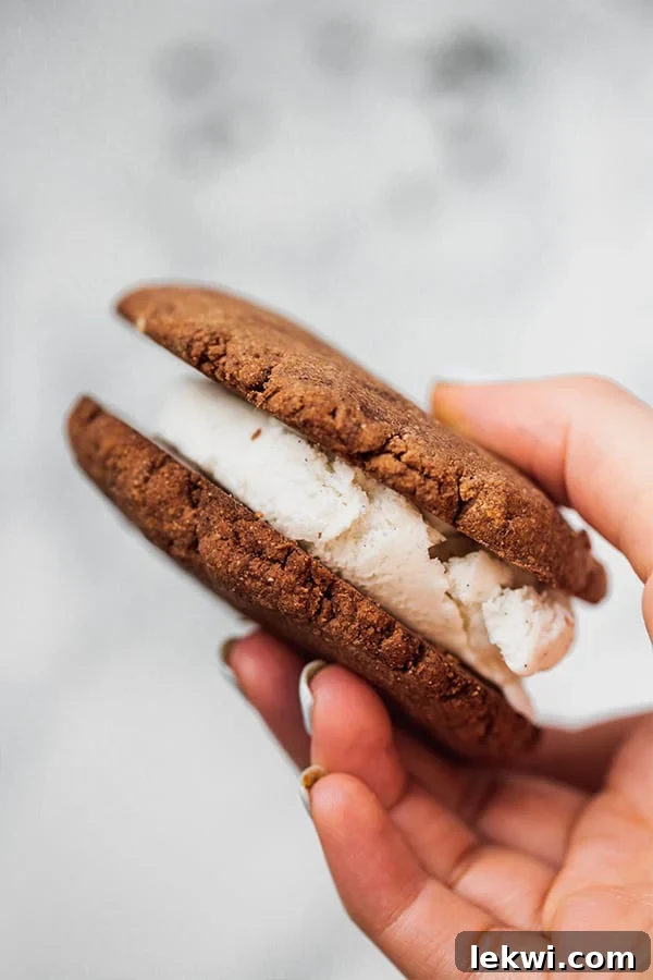 A hand gently holding a perfectly assembled homemade chocolate cookie ice cream sandwich, ready to be enjoyed.