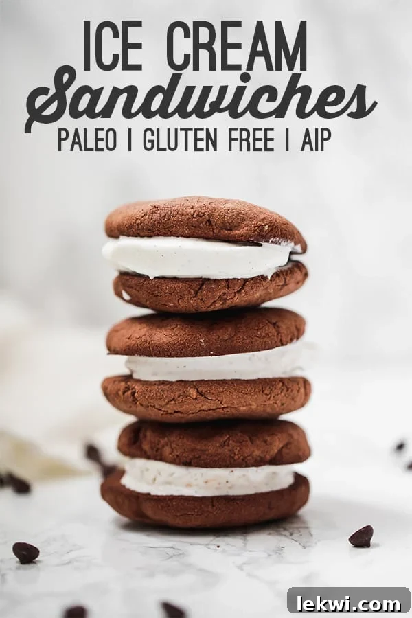 A stack of delicious chocolate cookie ice cream sandwiches with text overlaying "Ice Cream Sandwiches Paleo Gluten Free AIP".