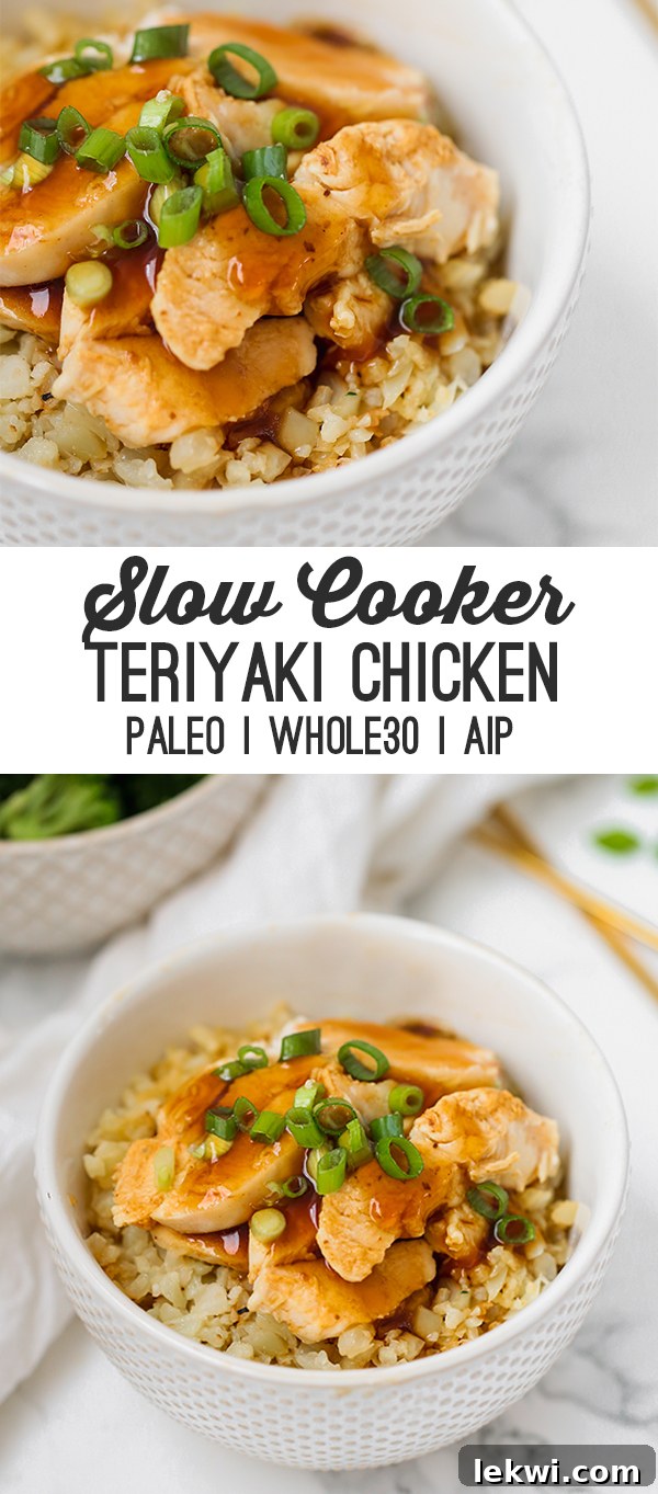 Bowls of slow cooker teriyaki chicken over cauliflower rice with text reading "slow cooker teriyaki chicken paleo whole30 aip".