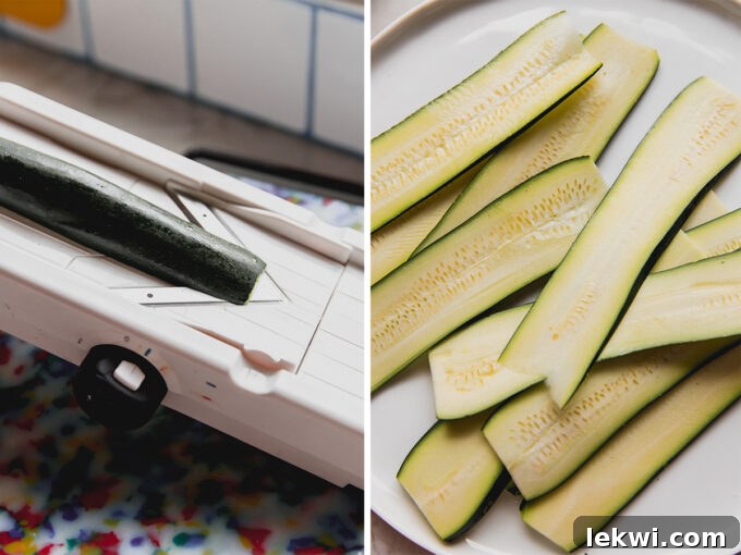 Side by side photo of zucchini being sliced with a mandolin, then fully sliced into thin sheets. 