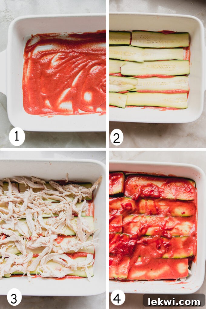 Collage of 4 photos of a baking dish with enchilada sauce, then zucchini sheets, shredded chicken, and more zucchini and enchilada sauce. 