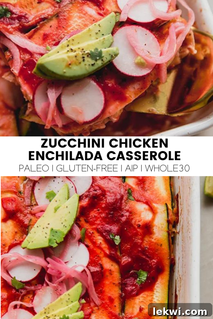 A top-down view of a serving of zucchini chicken enchilada casserole on a plate, garnished with avocado, radish, and cilantro.