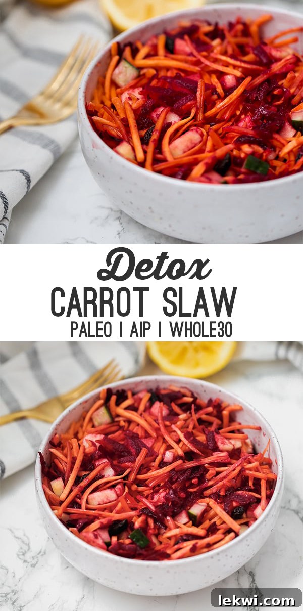 A bowl of detox carrot slaw with a fork next to it with text reading \"detox carrot slaw paleo AIP Whole30\"