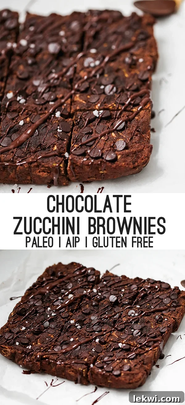 A pan of zucchini brownies cut into squares and sitting on a white counter with text reading "chocolate zucchini brownies paleo aip gluten free".