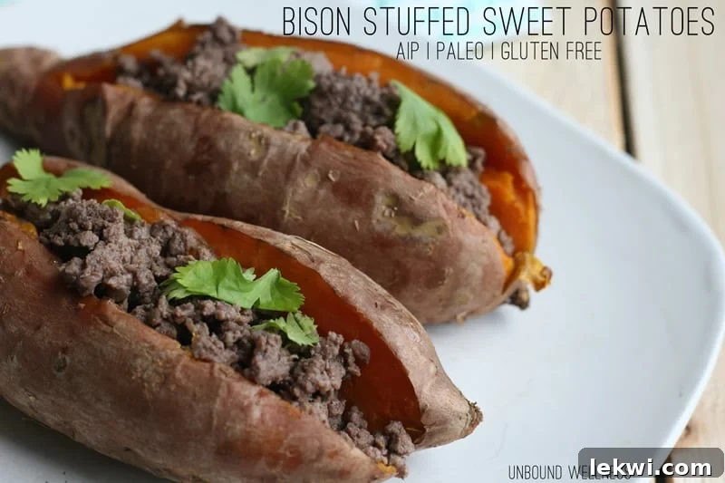 Delicious Bison Stuffed Sweet Potatoes ready to be served, a perfect AIP and Paleo comfort meal.