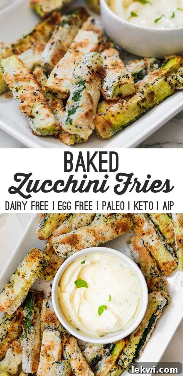 A beautifully arranged serving of Baked Low Carb Zucchini Fries with dipping sauce, featured as an inspiring pin for healthy eating.