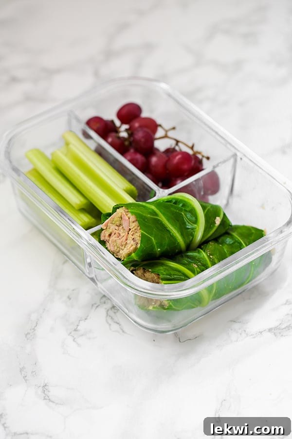 Tuna salad collard green wraps with avocado, a grain-free alternative for lunch.