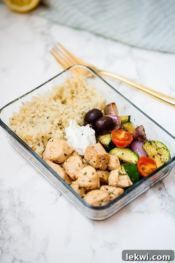 Greek chicken meal prep with a dairy-free tzatziki, packed with protein and veggies.