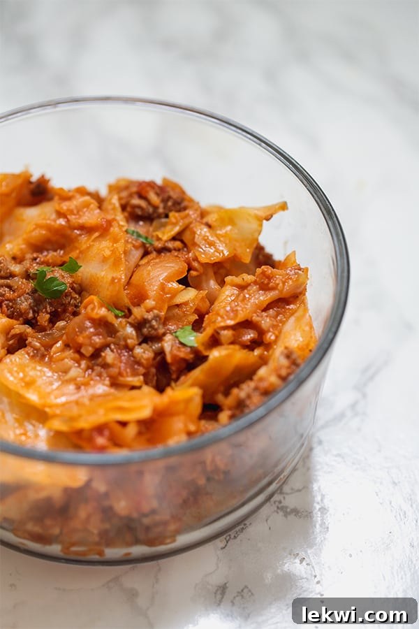 Unstuffed cabbage roll in a bowl, a comforting and easy one-pot meal for meal prep.