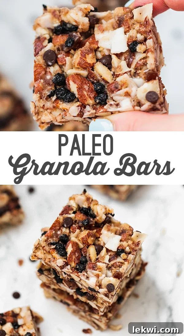 A vibrant, close-up shot of a grain-free granola bar, highlighting its wholesome ingredients and appealing texture, ready to be enjoyed.
