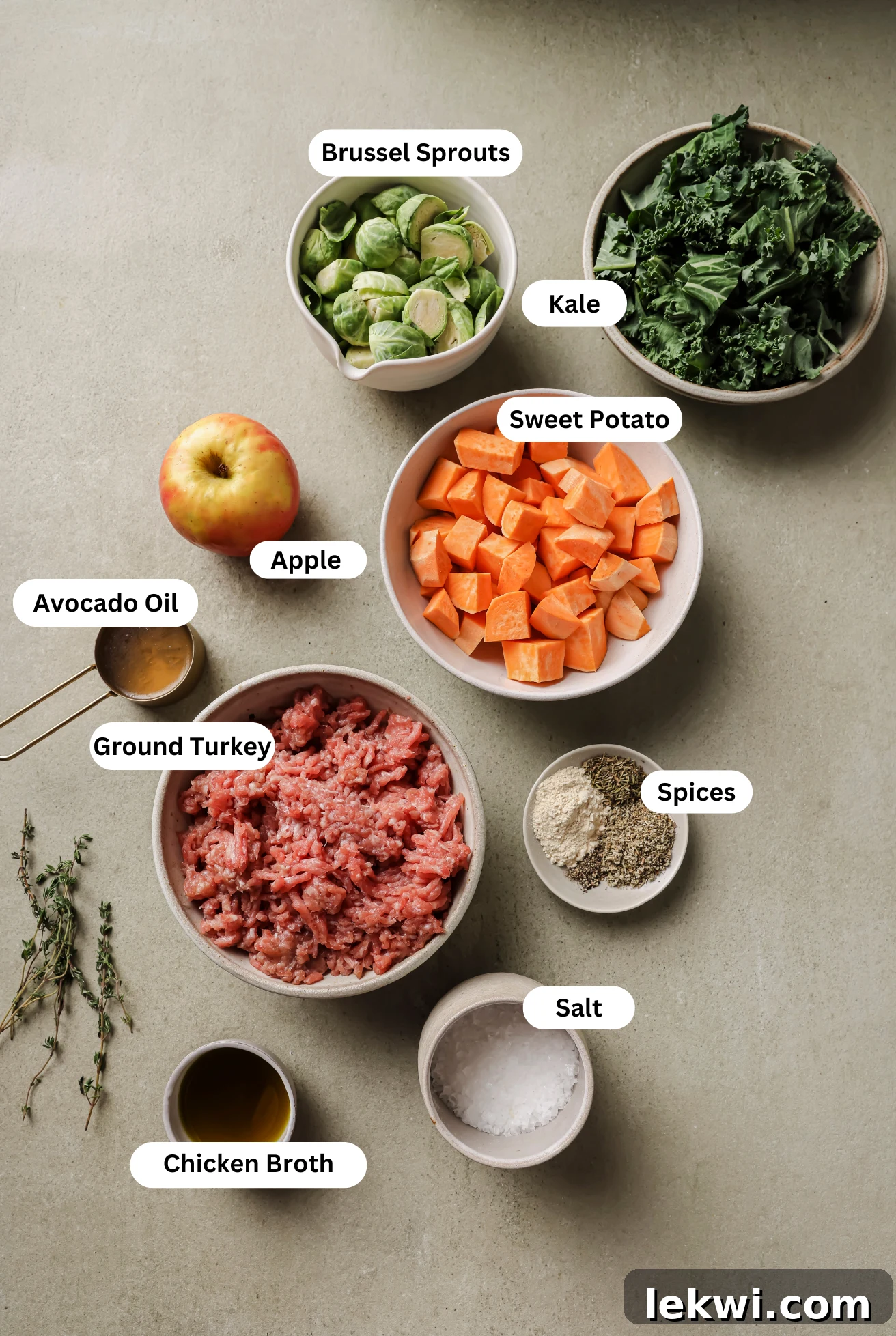 All the ingredients for turkey and sweet potato breakfast hash laid out before cooking.