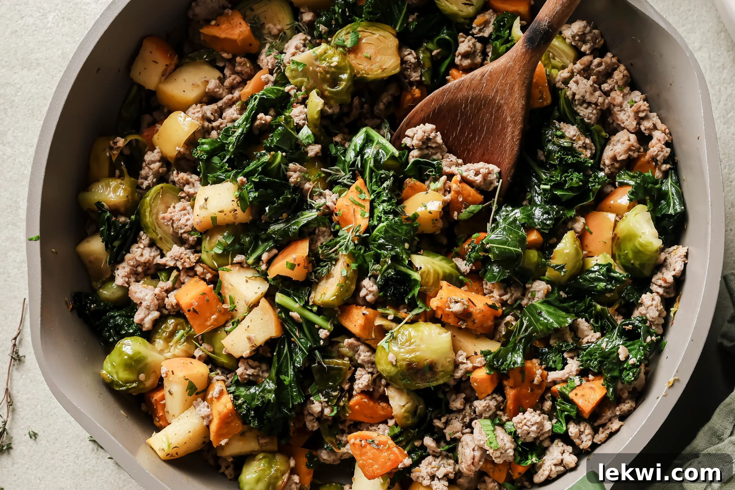 The cooked turkey & sweet potato breakfast hash in the pan, fully combined and ready to serve.