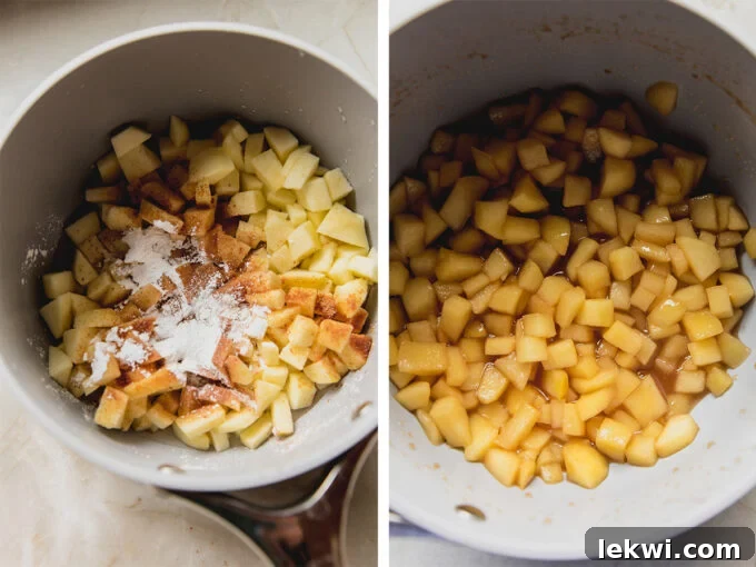 Chopped apple pieces and dry ingredients being cooked in a pot on a stovetop, showing the initial stage of preparing the apple filling.