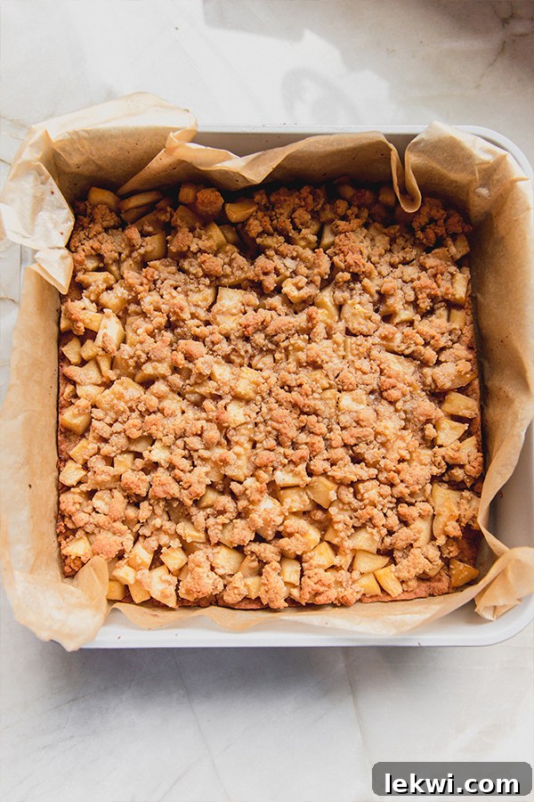 Freshly baked paleo apple pie bars in a baking pan, showing their golden crust and enticing texture, ready to be cooled and sliced.