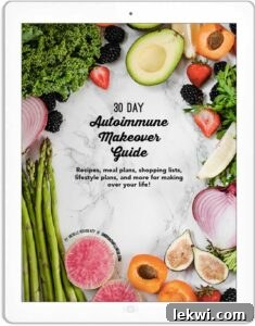 The vibrant cover of 'The 30-Day Autoimmune Makeover Guide' e-book, surrounded by an array of fresh, colorful produce.